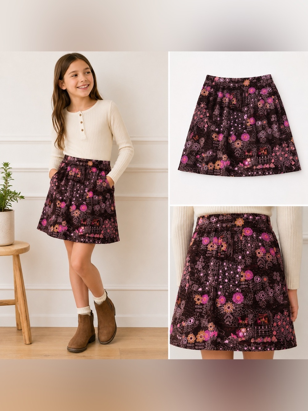 Lands’ End Kids Size 12 Brown Floral Corduroy A-Line Skirt 100% Cotton